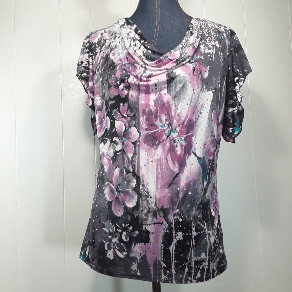 Brittany black floral rhinestone embellished droop neck shirt medium